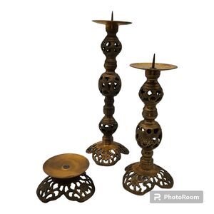 Set of 3 Pierced Vintage Brass Filigree Art Nouveau Adjustable Candle Holders